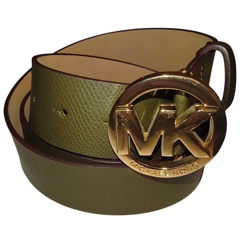 Michael Kors Belt Women Size XL Green Genuine Leather Classic MK Logo Gold toned